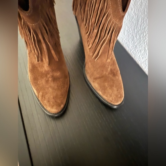 Saint Laurent Brown Fringe Suede Heeled Boots - Picture 5 of 12